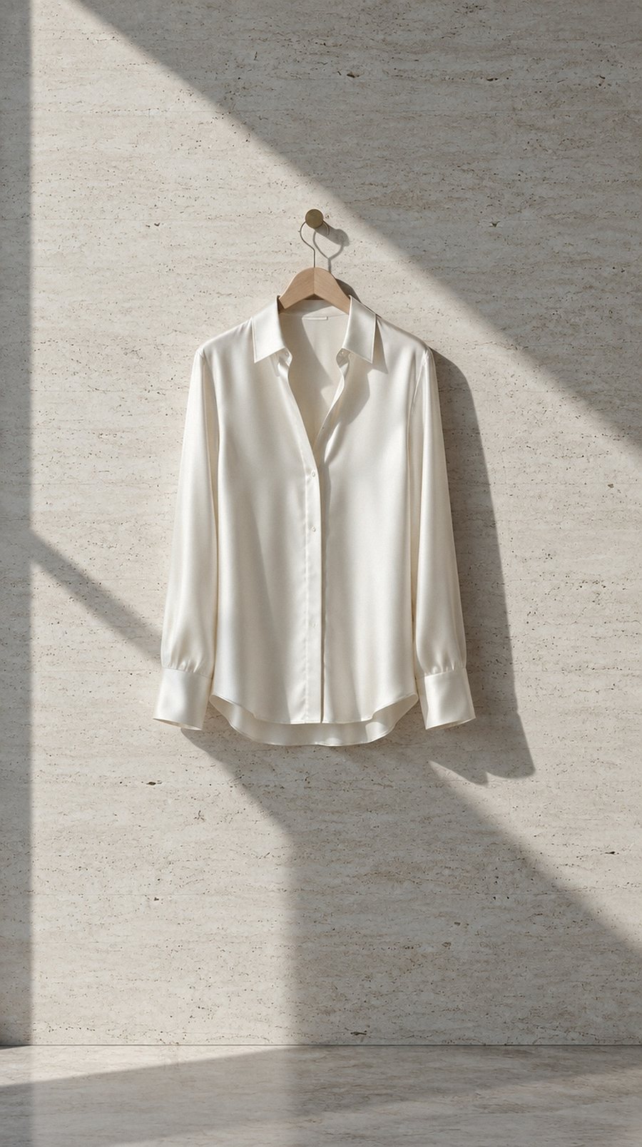 An ivory silk blouse on a hanger in soft daylight