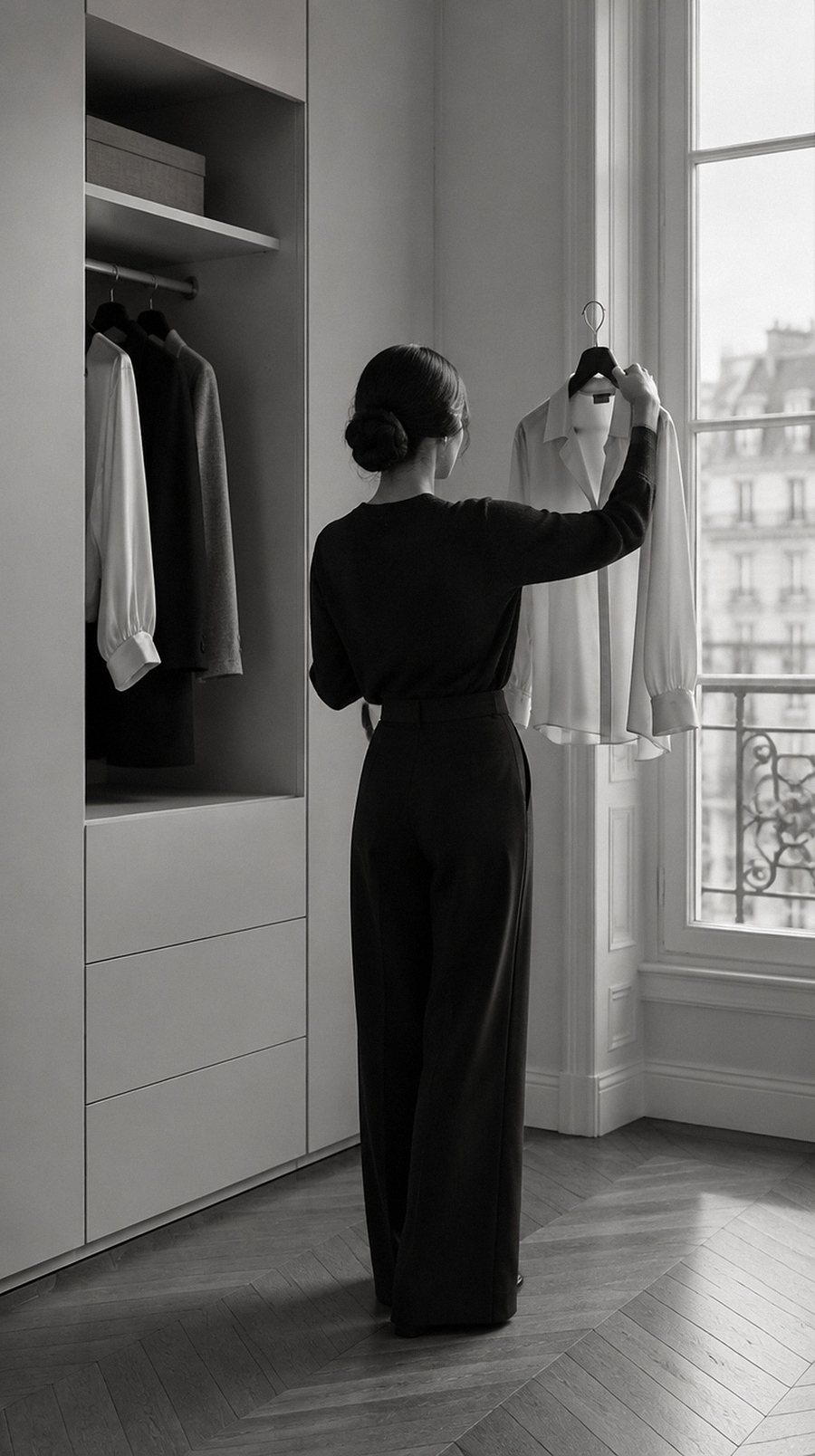 A woman holding a white blouse up to the window light beside an open closet
