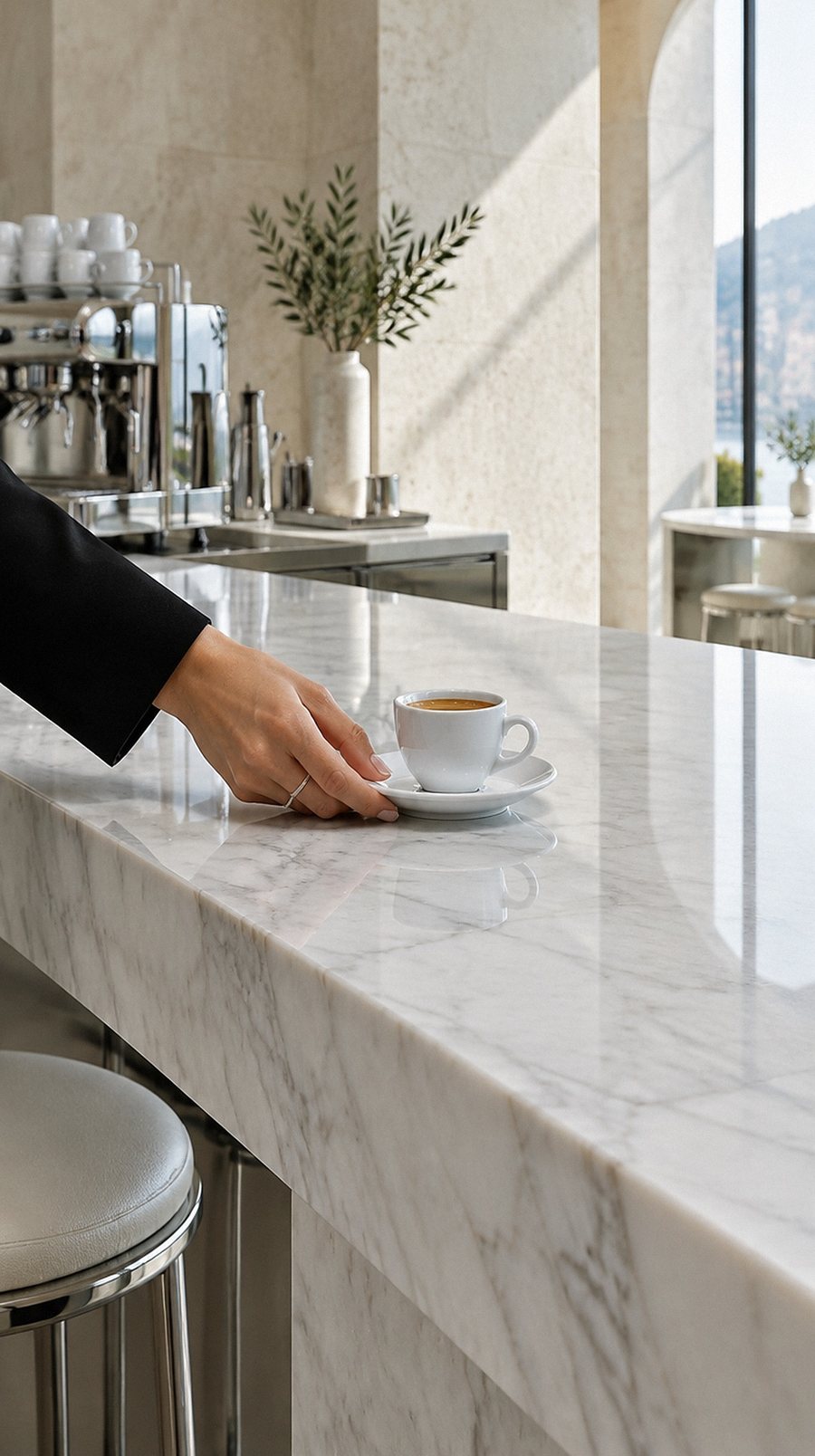 An espresso on a marble table