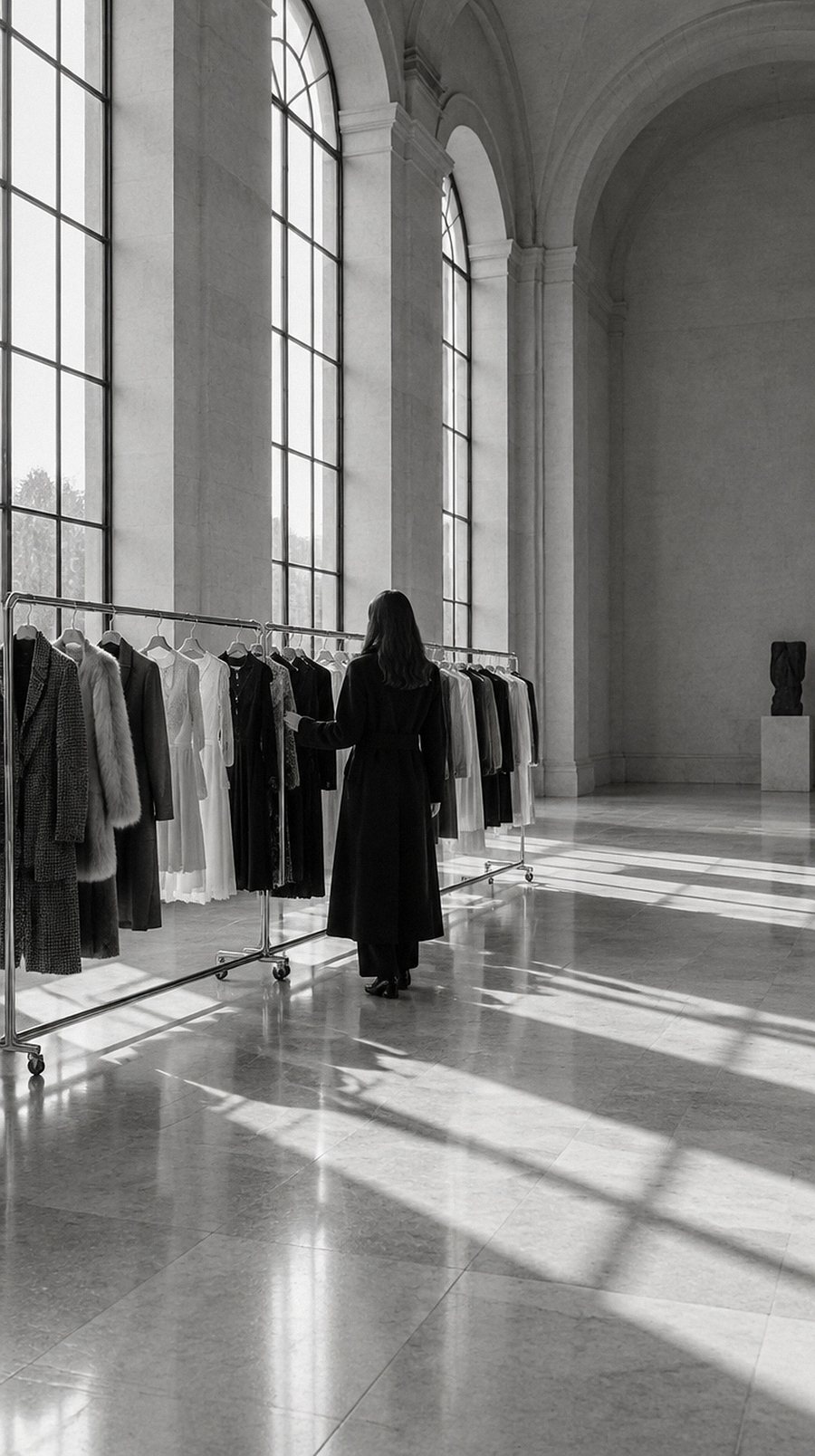 A woman browsing a rail of black and ivory pieces in a sunlit gallery