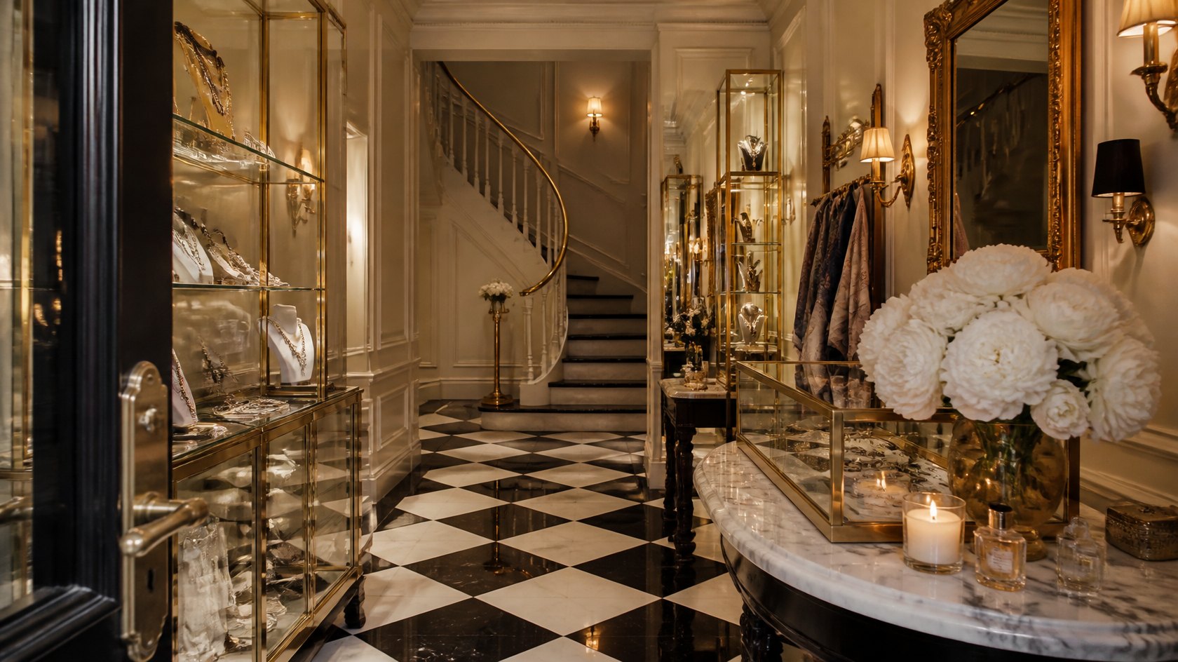 Brass vitrines of jewellery in a townhouse parlour