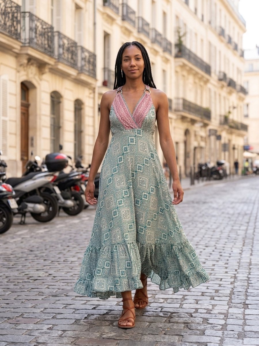 A woman in a printed maxi dress walking down a sunny street in Italy